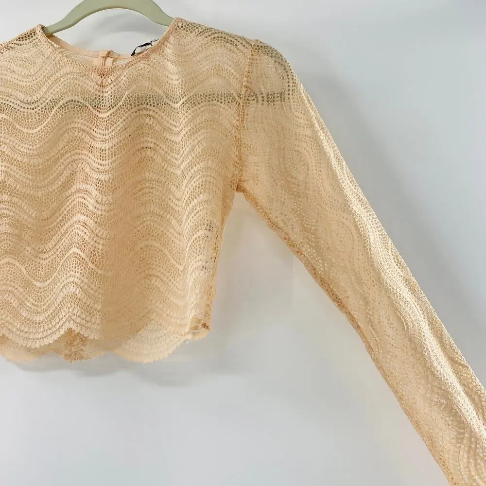 NEW Zara Beige Wavy Lace Scallop Hem Sheer Knit Long Sleeve Crop Top Small Y2K